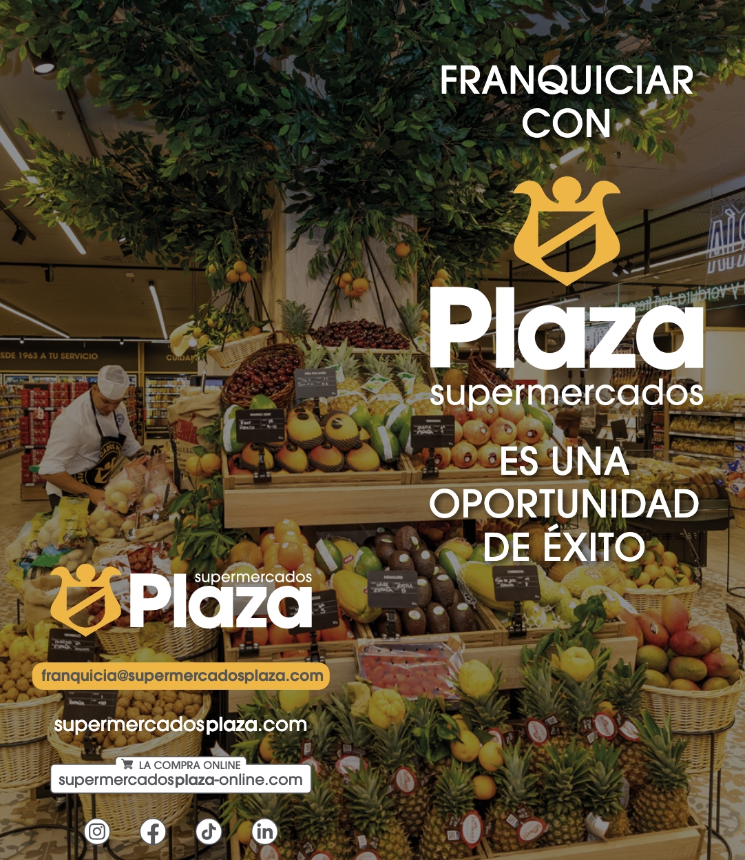 Affiche promotionnelle de Plaza Supermercados pour la recherche de franchisés.