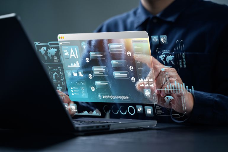 Outils de création de contenu AI : Un homme utilise un ordinateur portable avec un assistant IA pour le design graphique, la traduction, le chatbot, la création d'images et la publicité.
