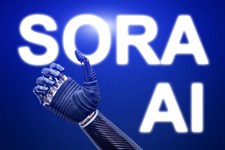 Main avec un pouce levé sur fond bleu avec le mot Sora écrit.